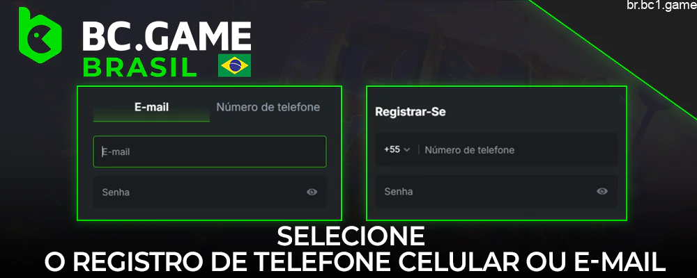 Escolha um dos métodos de registro recomendados pela BC.Game