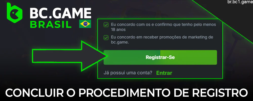 Clique no botão verde Registrar-se na parte inferior do formulário de registro do BC.Game