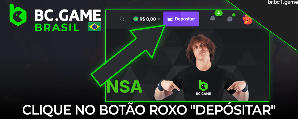 Clique no botão roxo de depósito no canto superior direito da tela do BC.Game