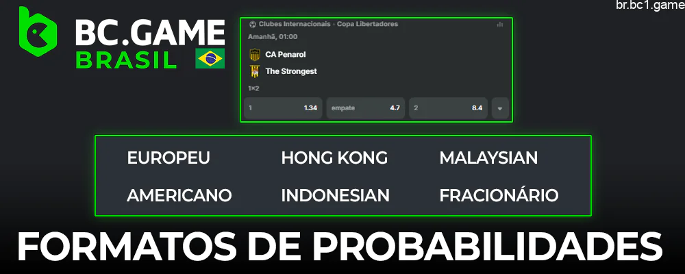 Vários formatos de probabilidades no aplicativo BC.Game