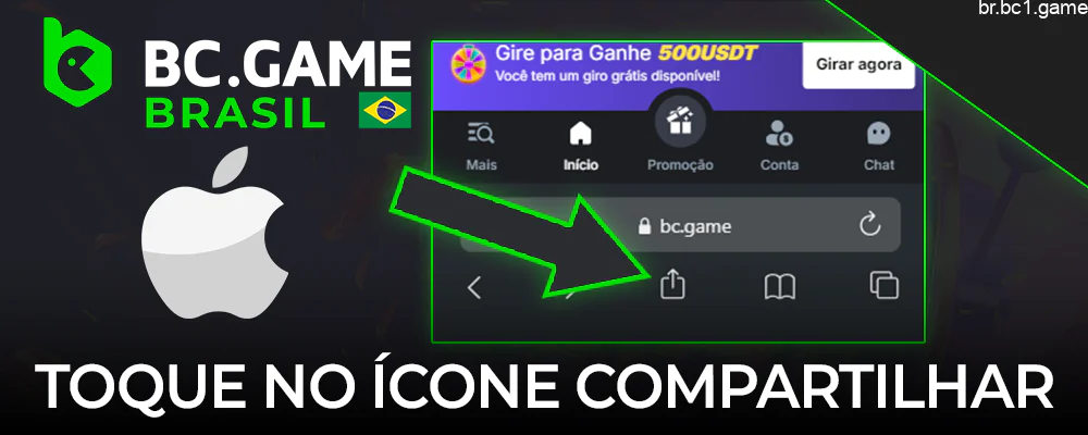 Toque no botão de compartilhamento para fazer o download do aplicativo BC.Game