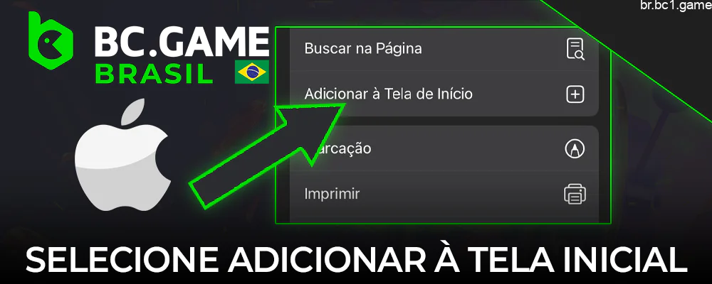 Selecione “Adicionar à tela inicial” para adicionar o atalho BC.Game