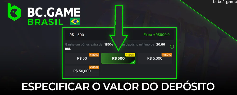 Especifique o valor do depósito em moeda fiduciária ou transfira fundos para o endereço especificado em criptografia no BC.Game