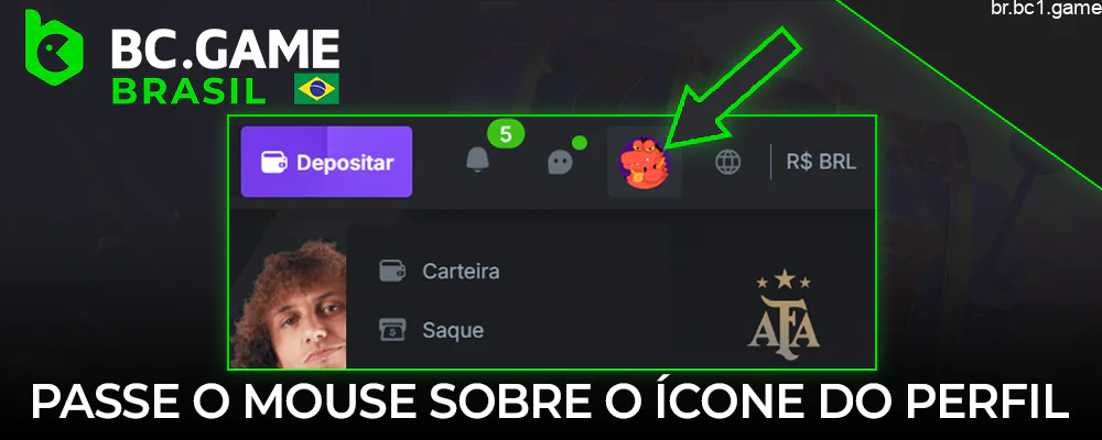 Clique no ícone do perfil para sacar o dinheiro do BC.Game