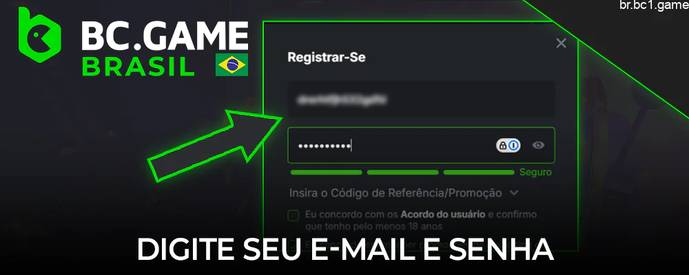 Digite sua senha e e-mail para se registrar no BC.Game