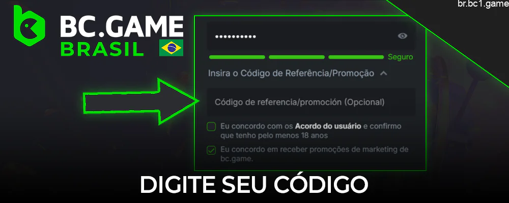 Insira o código durante o registro da conta BC.Game