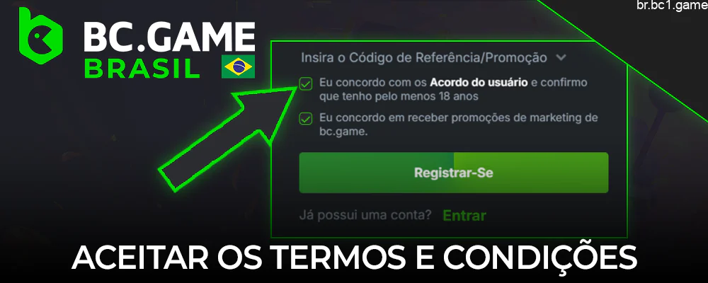 Concordar com os termos e condições do BC.Game ao se registrar