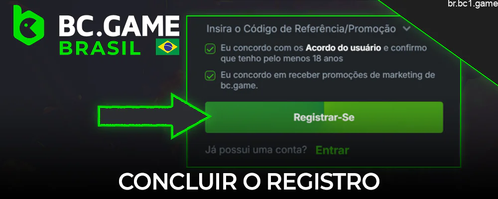 Confirmar o registro no BC.Game